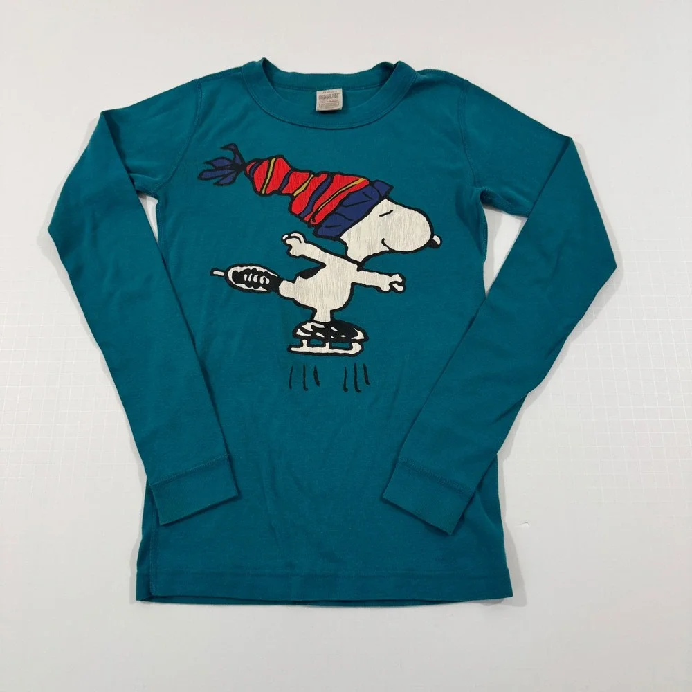 Hanna Andersson Peanuts Pajama Top Kids Size 12 Teal Blue Snoopy Ice Skating